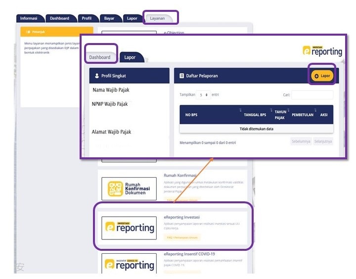 Tampilan E-reporting Investasi DJP Online